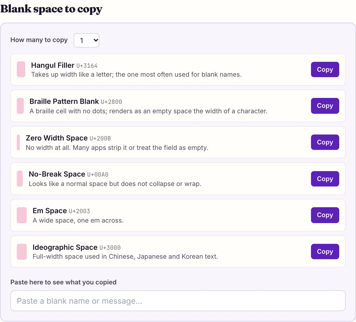 The blank space copy and paste on this page showing its sample text converted, with Copy and Share buttons