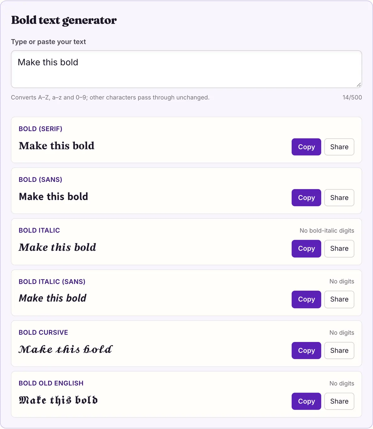 The bold text generator on this page showing its sample text converted, with Copy and Share buttons