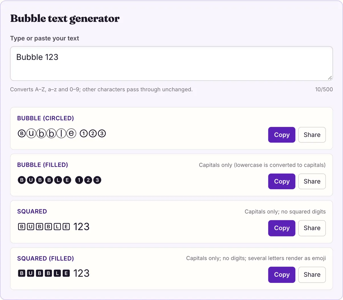 The bubble text generator on this page showing its sample text converted, with Copy and Share buttons