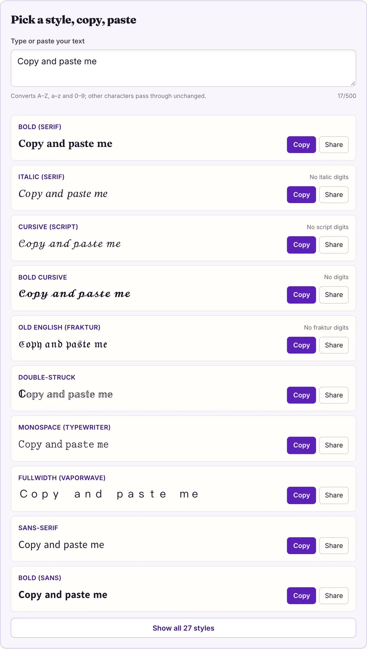 The copy and paste fonts on this page showing its sample text converted, with Copy and Share buttons