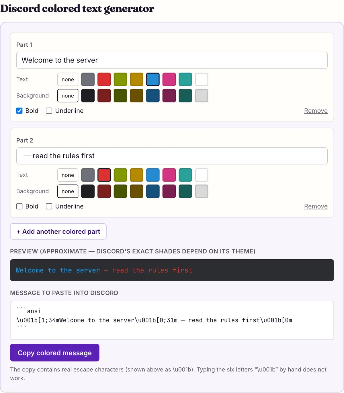 The discord colored text on this page showing its sample text converted, with Copy and Share buttons