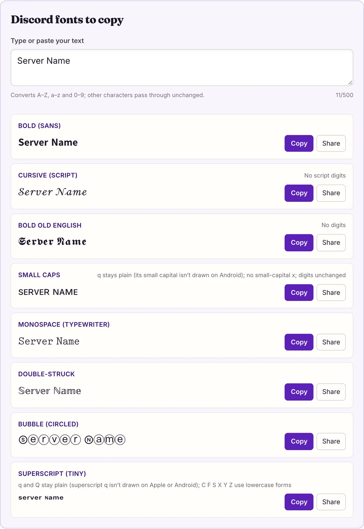 The discord fonts on this page showing its sample text converted, with Copy and Share buttons