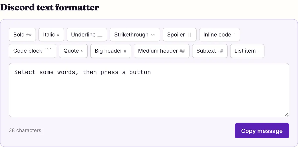 The discord text formatting on this page showing its sample text converted, with Copy and Share buttons