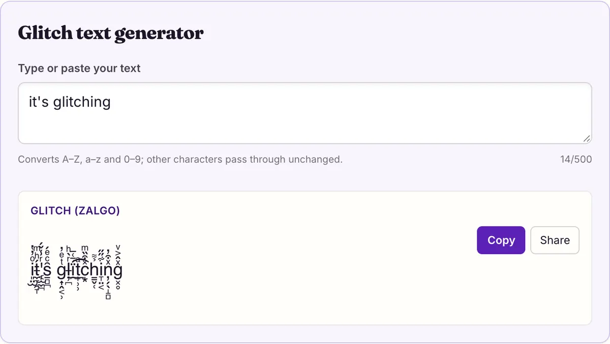The glitch text generator on this page showing its sample text converted, with Copy and Share buttons