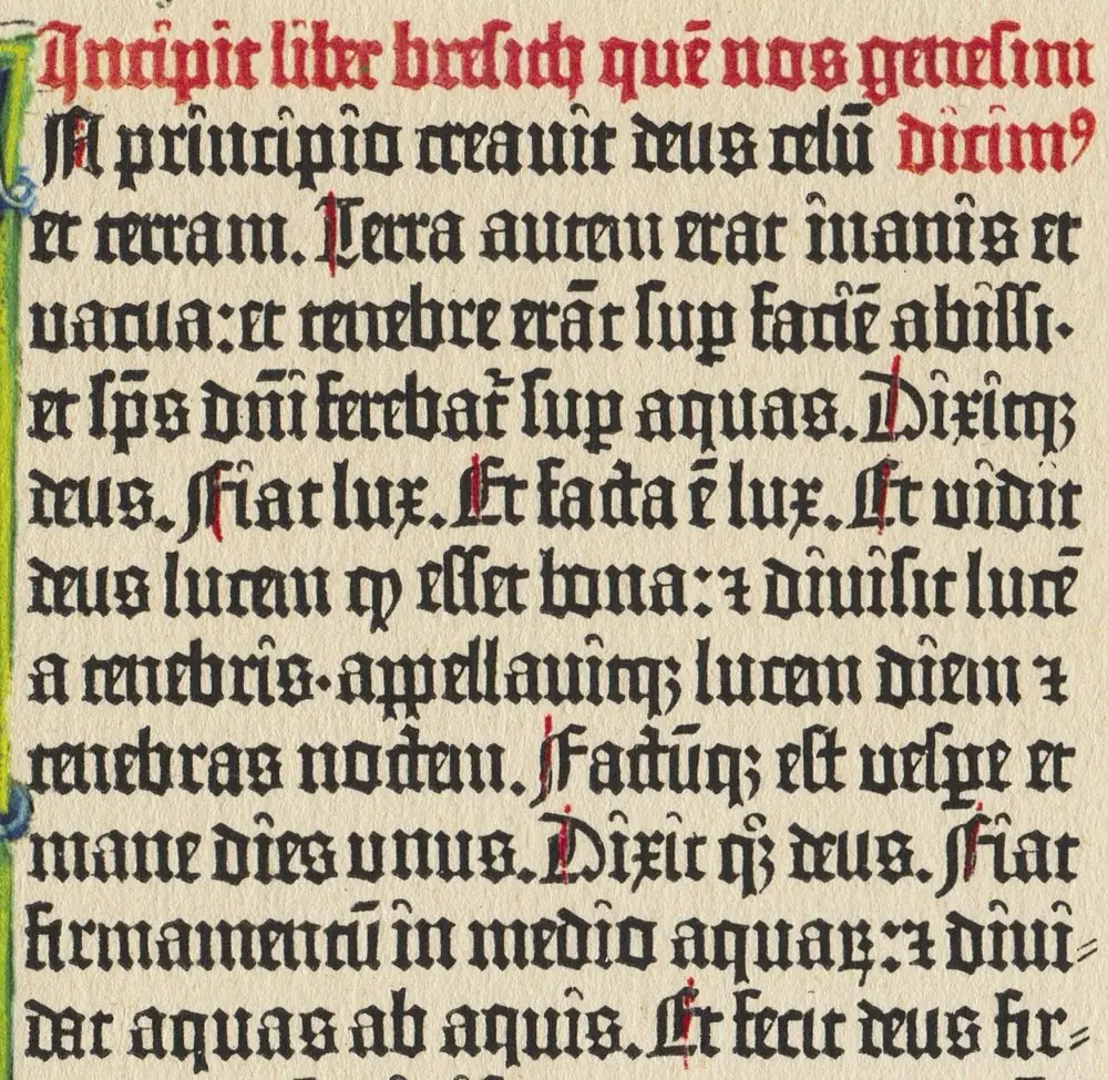 A column of Latin text from the opening of Genesis in the 42-line Gutenberg Bible, set in dense blackletter type