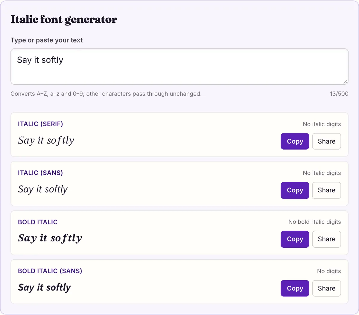 The italic font generator on this page showing its sample text converted, with Copy and Share buttons