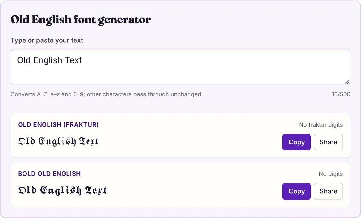 The old english font generator on this page showing its sample text converted, with Copy and Share buttons
