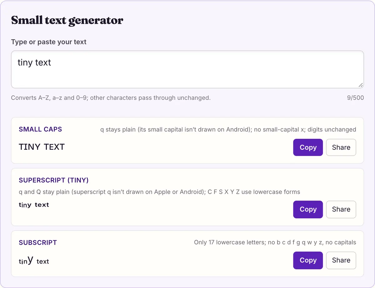 The small text generator on this page showing its sample text converted, with Copy and Share buttons