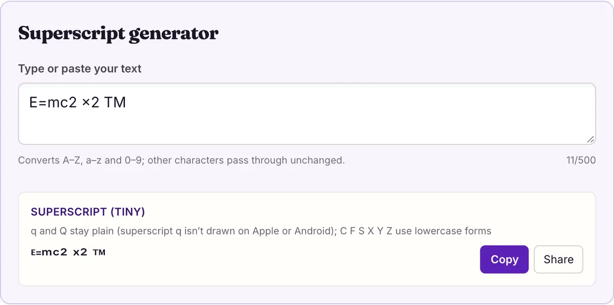 The superscript generator on this page showing its sample text converted, with Copy and Share buttons